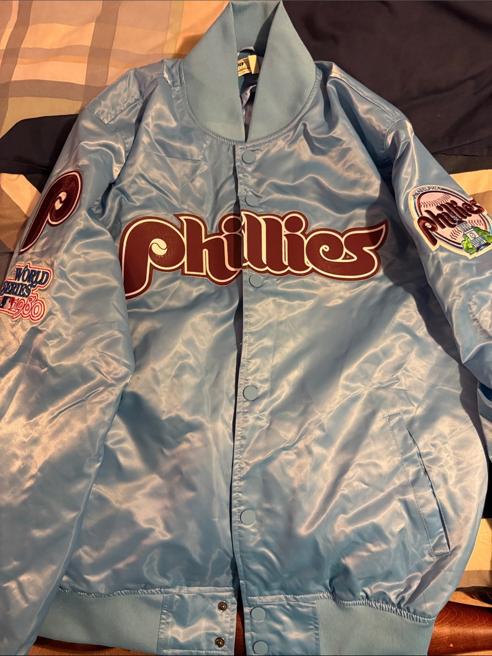 Philadelphia Phillies Light Blue Satin Bomber Jacket by
